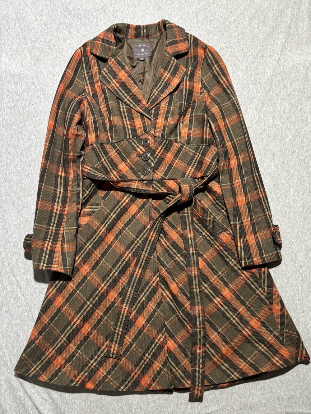 Forever 21 Brown and Orange Plaid Belted Trench Coat